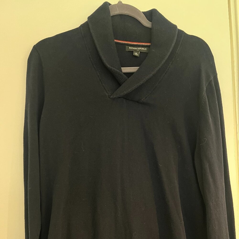 Banana Republic Shawl Collar Sweater Mens M Navy Blue Knit Cotton Blend Pullover